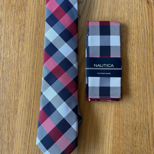 Nautica tie and pocket square set new checkered blue, red