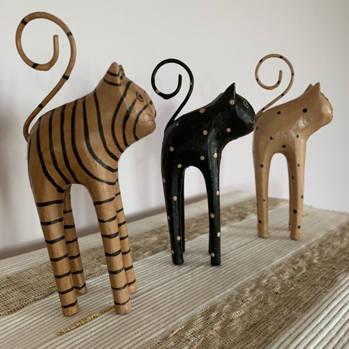 Handmade wooden cat set of 3 with wire tails, new