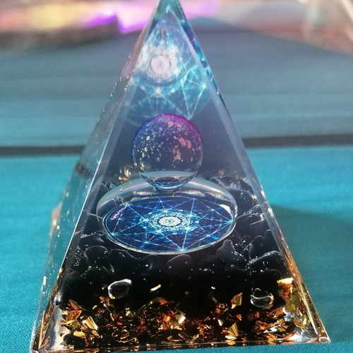 Orgonite pyramid with obsidian and gold leaves new