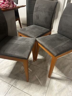Dining chairs set of 4 used, gray, solid wood and Alcantara, design Eleni Natsi