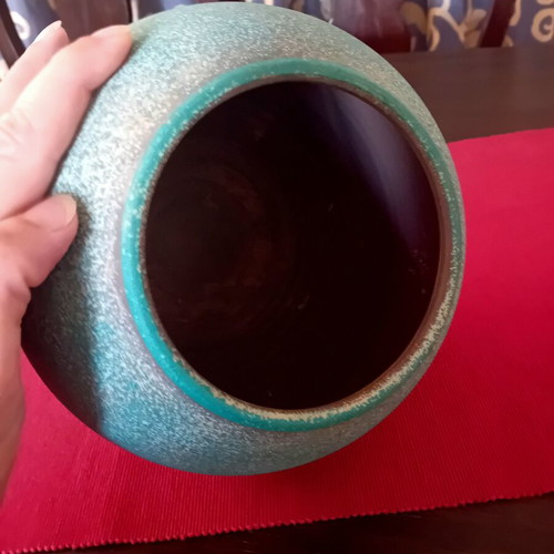 Clay vase round shape in blue-green shade like new