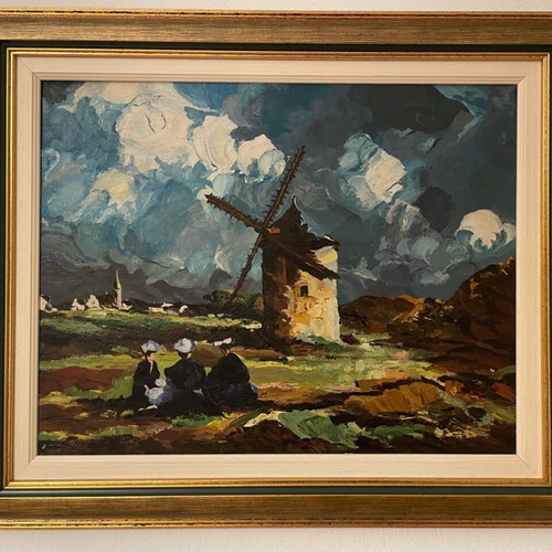 Oil painting Windmill and Dutch women used, 1970s oil on canvas