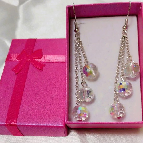Earrings with Transparent Polyhedral Beads New, Silver and White
