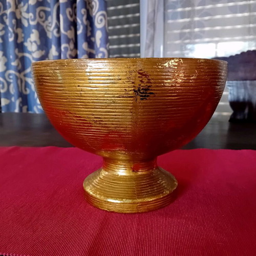 Large round decorative vase used, gold-bronze with gray lines