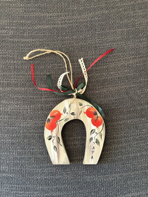 Hanging Horseshoe Lucky Charm painted with pomegranates, wooden handmade charm