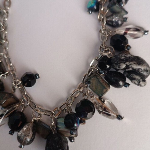 Silver bracelet with black charms and holographic details new