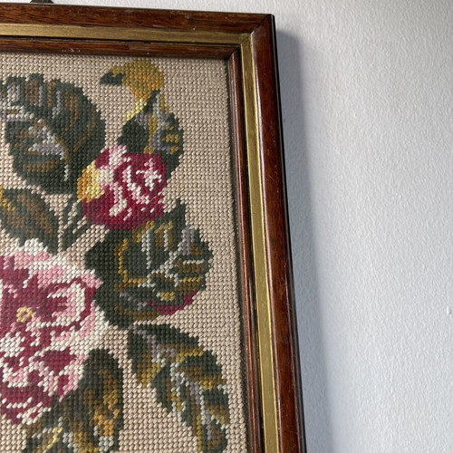 Vintage handmade embroidery wall frame with flowers and wooden frame