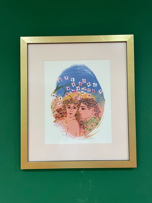 G. Stathopoulos silk screen print with gold frame, couple theme