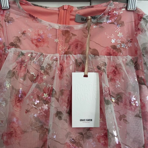 Girls' dress new pink with flowers and ballon sleeves for age 12