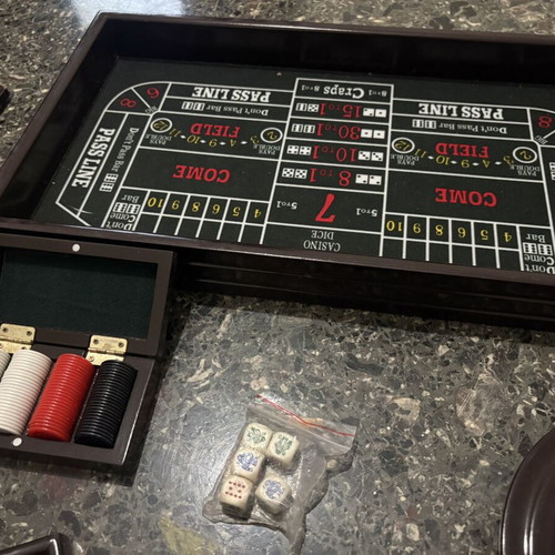 Casino game set like new with roulette, blackjack, chips, cards, dice