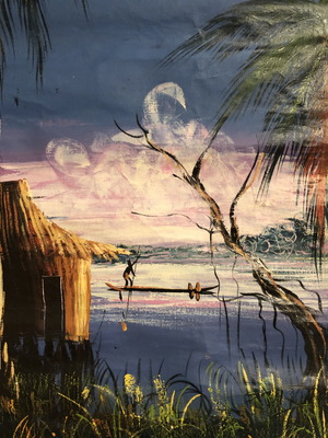Oil painting "The Native with the Pirogue" from Zaire/Congo, new