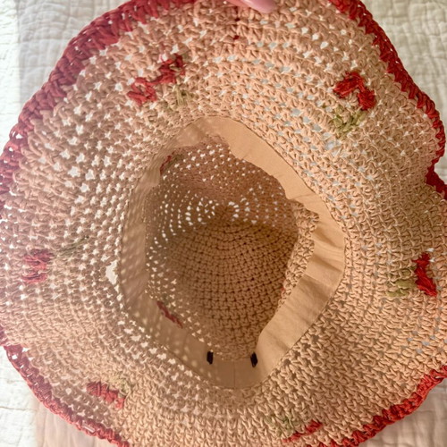 Zara Straw Bucket Hat with Embroidered Cherries used, boho style