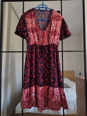 Boho dress new, airy fabric, blue and red, fits small medium