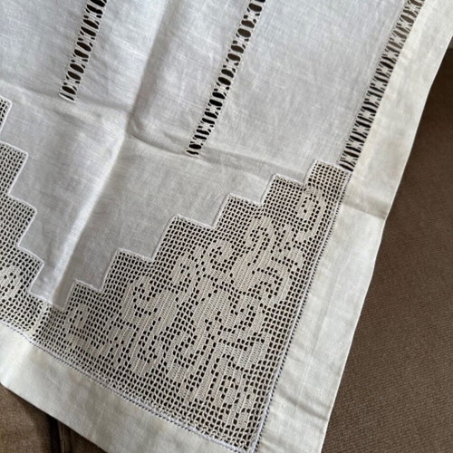 Handmade tablecloth used with openwork and lace, beige