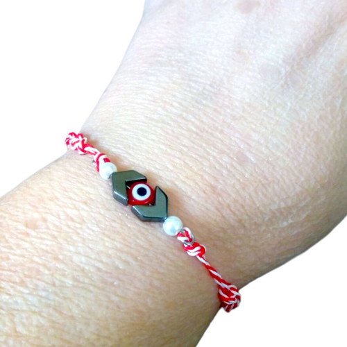 Handmade Martaki macrame bracelet with eye, hematite arrows and white pearls, adjustable