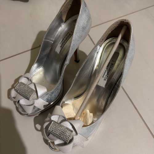 J. Bournazos Silver Peep-Toe Evening Pumps Like New with Bow and Strass