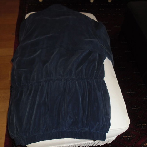Silk blue jacket like new, long with silver buttons