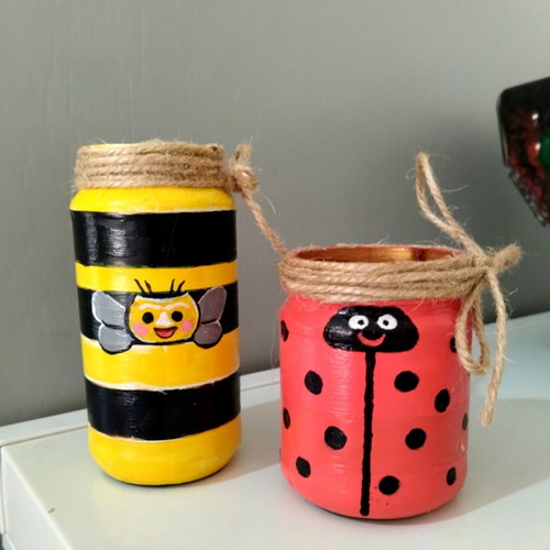 Glass vases with handmade bee and ladybug painting, new