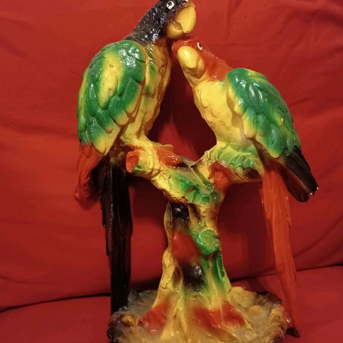 Decorative parrots used, vintage antique with vibrant colors