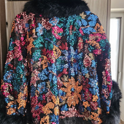 Azaka Fur Outerwear Onesize with Faux Leather and Sequin Embroidery, New