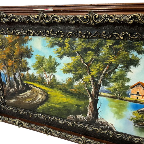 Vintage signed painting with carved frame used 80x130 with damage