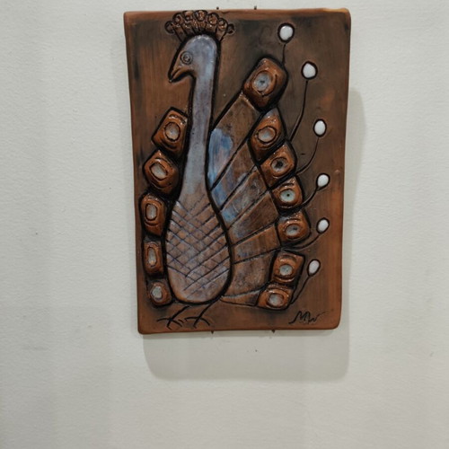 Vintage ceramic wall panel peacock signed, like new