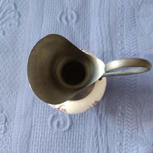 Small pitcher or vase from French porcelain and pewter like new