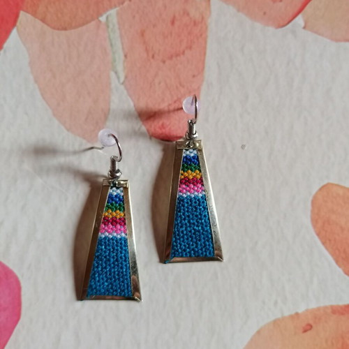 Handmade earrings new alpaca metal with colorful woven wool