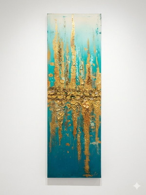 Handmade modern abstract painting in turquoise-gold with embossed texture