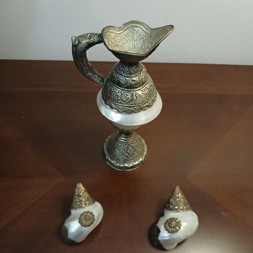Tibetan natural shells set with alpaca overlay, handmade, vintage