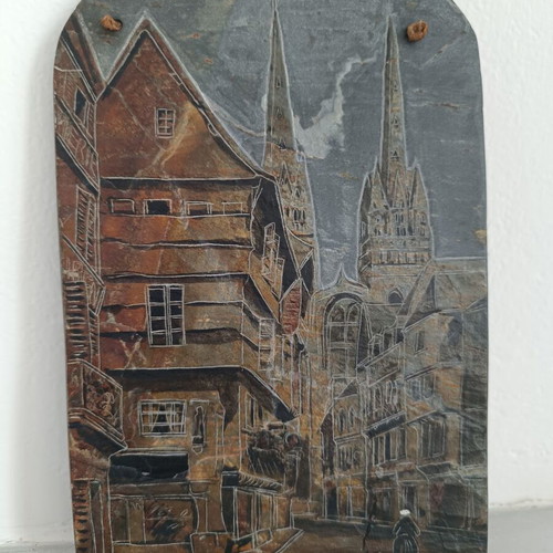 Decorative slate plaque with handmade engraving, French urban scene, like new