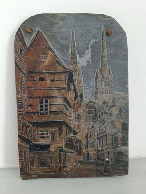 Decorative slate plaque with handmade engraving, French urban scene, like new