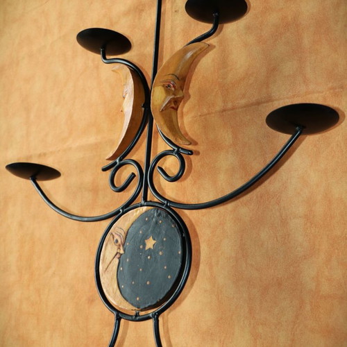 Handmade candle holder 5 candles wood-carved painted sun&moon new