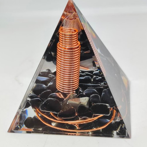 Orgonite pyramid with black obsidian and copper like new
