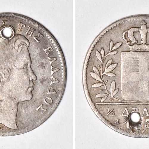 Othon 1/2 Drachma 1834 used silver pierced coin