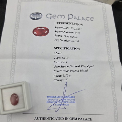 Natural Fire Opal 3.70 ct Oval IF near Pigeon Blood Red, like new