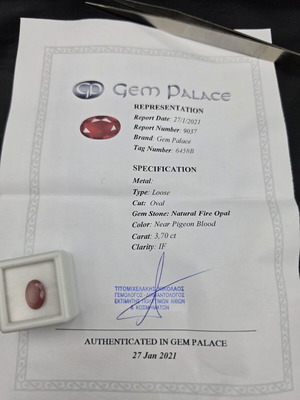Natural Fire Opal 3.70 ct Oval IF near Pigeon Blood Red, like new