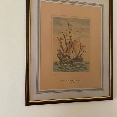 Engraving of 16th Century Merchant Ship, like new