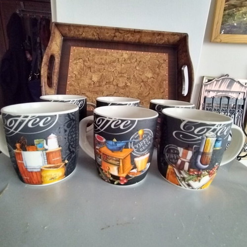 Tea cup set of six new with large wooden tray