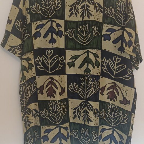 Vintage 100% silk unisex shirt with retro floral block print, size L