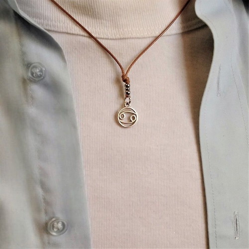 Men's pendant with Cancer zodiac and brown snake cord, new