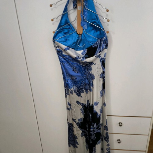 Mikael satin dress white-black with blue beads size M like new