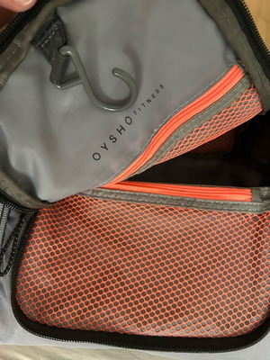Oysho Fitness toiletry bag used, gray with fluorescent orange pockets