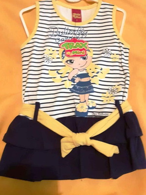 Trax Mini children's dress white with blue stripes and yellow belt new