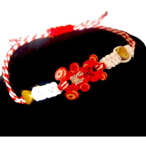 Handmade Martaki macrame bracelet with wooden bear and metal hearts, adjustable, new