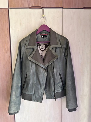 Pepe Jeans leather women's jacket petrol like new with Andy Warhol signature