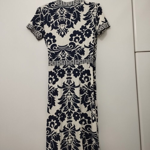 Women's Damask Wrap Dress Size M White Navy Blue