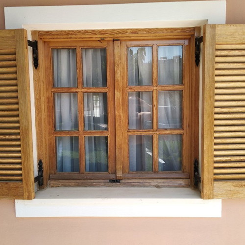 Oregon wooden double opening window and shutters set like new without frame