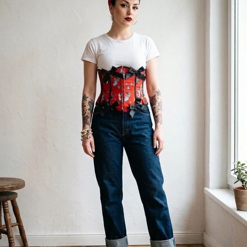 Hell Bunny Tattoo-Print Corset size M like new, red and black
