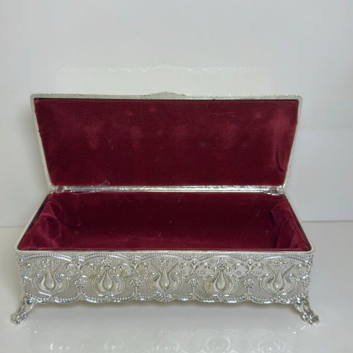 Metallic Ornate Jewelry Box with Oriental Embossed Design and Velvet Lining